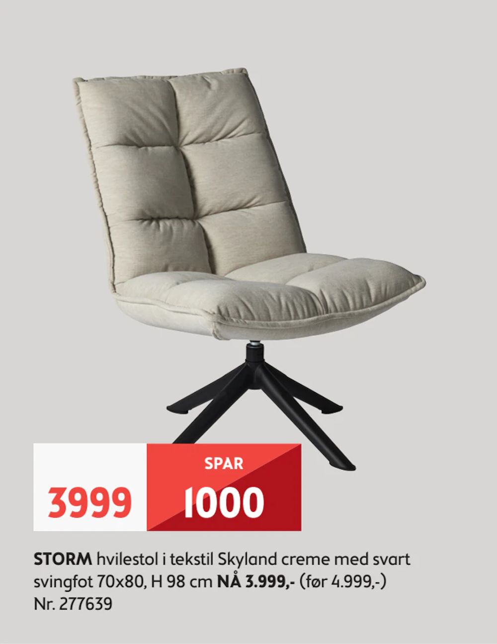 Tilbud på STORM hvilestol i tekstil Skyland creme med svart svingfot fra Bohus til 3 999 kr