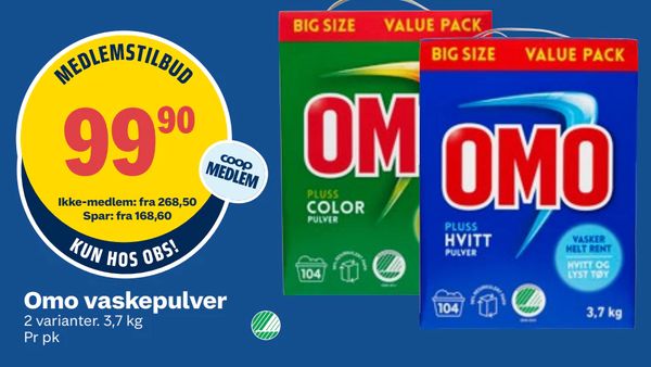 Omo vaskepulver MEDLEMSTILBUD 99,90 coop MEDLEM KUN HOS OBS! Ikke-medlem: fra 268,50 Spar: fra 168,60 2 varianter. 3,7 kg Pr pk