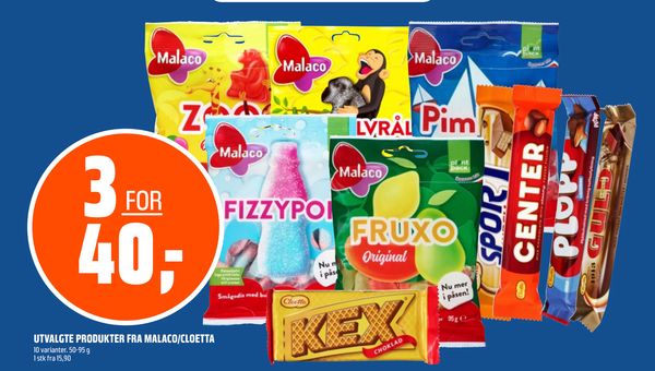 UTVALGTE PRODUKTER FRA MALACO/CLOETTA 3 FOR 40,- 10 varianter. 50-95 g 1 stk fra 15,90