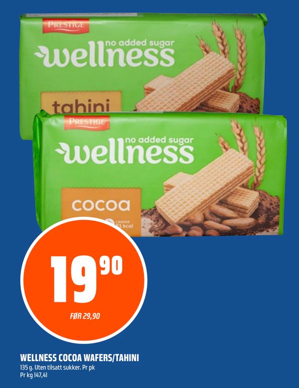 WELLNESS COCOA WAFERS/TAHINI 135 g. Uten tilsatt sukker. Pr pk Pr kg 147,41 FØR 29,90