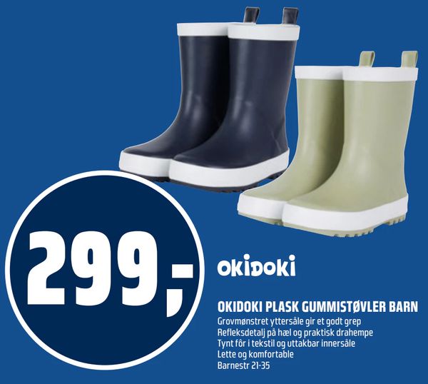OKIDOKI PLASK GUMMISTØVLER BARN OKIDOKI Grovmønstret yttersåle gir et godt grep Refleksdetalj på hæl og praktisk drahempe Tynt fôr i tekstil og uttakbar innersåle Lette og komfortable Barnestr 21-35