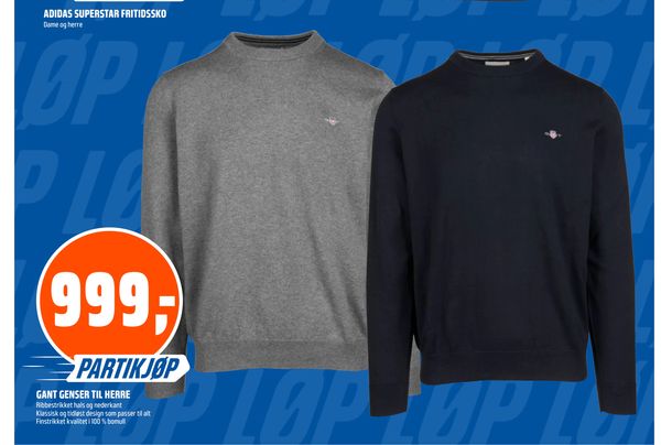 GANT GENSER TIL HERRE PARTIKJØP Ribbestrikket hals og nederkant Klassisk og tidløst design som passer til alt Finstrikket kvalitet i 100 % bomull