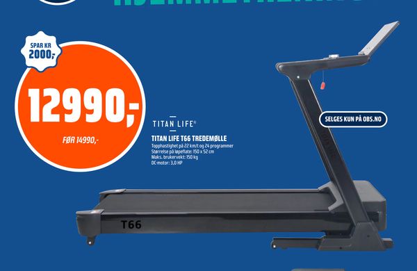 TITAN LIFE T66 TREDEMØLLE SPAR KR 2000; FØR 14990,- Topphastighet på 22 km/t og 24 programmer Størrelse på løpeflate: 150 x 52 cm Maks. brukervekt: 150 kg DC-motor: 3,0 HP SELGES KUN PÅ OBS.NO