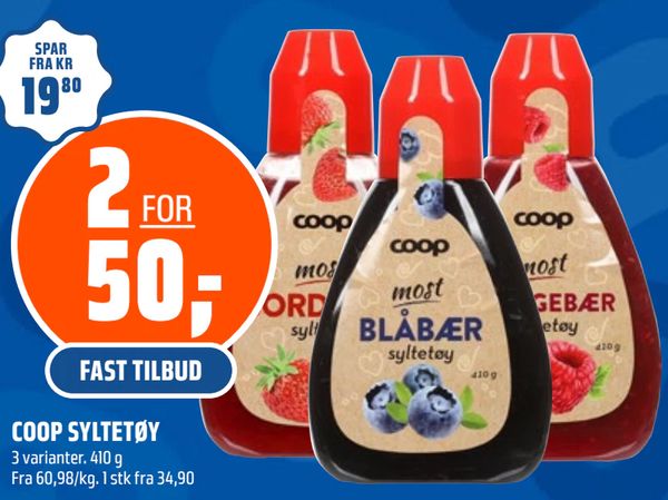 COOP SYLTETØY SPAR FRA KR 19,80 2 FOR 50,- FAST TILBUD 3 varianter. 410 g Fra 60,98/kg. 1 stk fra 34,90