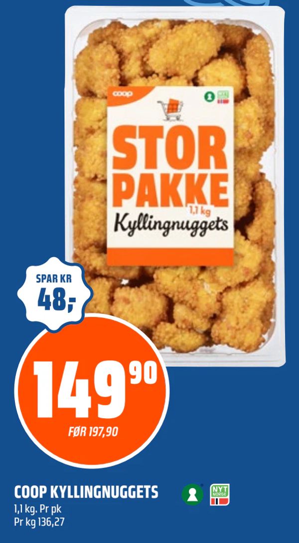 COOP KYLLINGNUGGETS SPAR KR 48,- 1,1 kg. Pr pk Pr kg 136,27 FØR 197,90