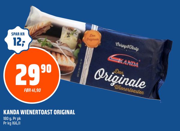 KANDA WIENERTOAST ORIGINAL SPAR KR 12,- 29,90 FØR 41,90 180 g. Pr pk Pr kg 166,11