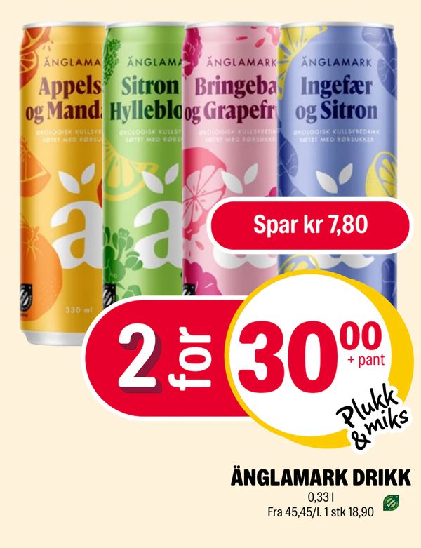 ÄNGLAMARK DRIKK 0,33 l Fra 45,45/l. 1 stk 18,90 Spar kr 7,80 Plukk & miks