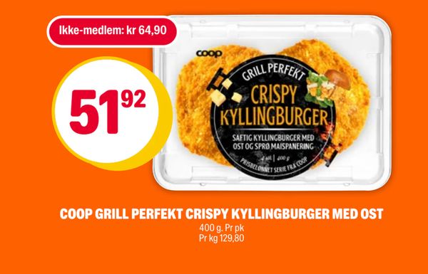 COOP GRILL PERFEKT CRISPY KYLLINGBURGER MED OST Ikke-medlem: kr 64,90 51,92 400 g. Pr pk Pr kg 129,80