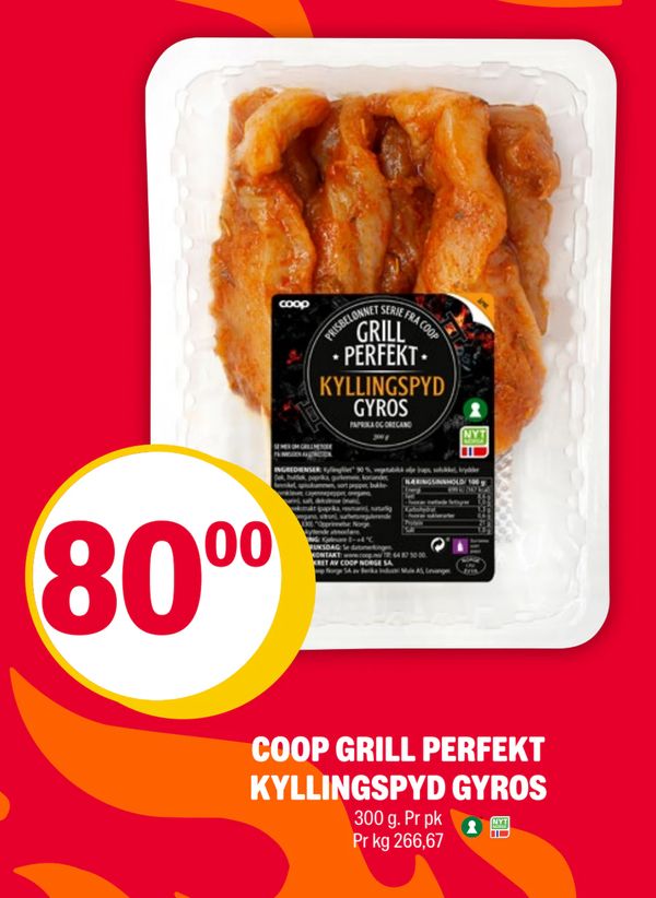 COOP GRILL PERFEKT KYLLINGSPYD GYROS 300 g. Pr pk Pr kg 266,67