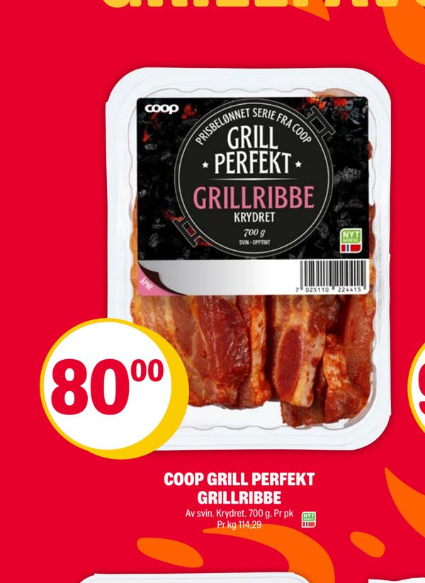 COOP GRILL PERFEKT GRILLRIBBE Av svin. Krydret. 700 g. Pr pk Pr kg 114,29
