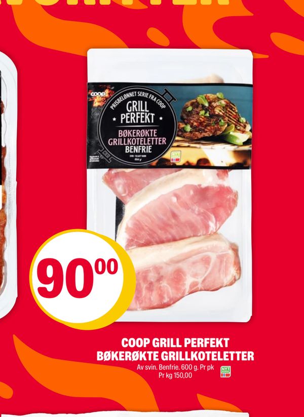 COOP GRILL PERFEKT BØKERØKTE GRILLKOTELETTER Av svin. Benfrie. 600 g. Pr pk Pr kg 150,00