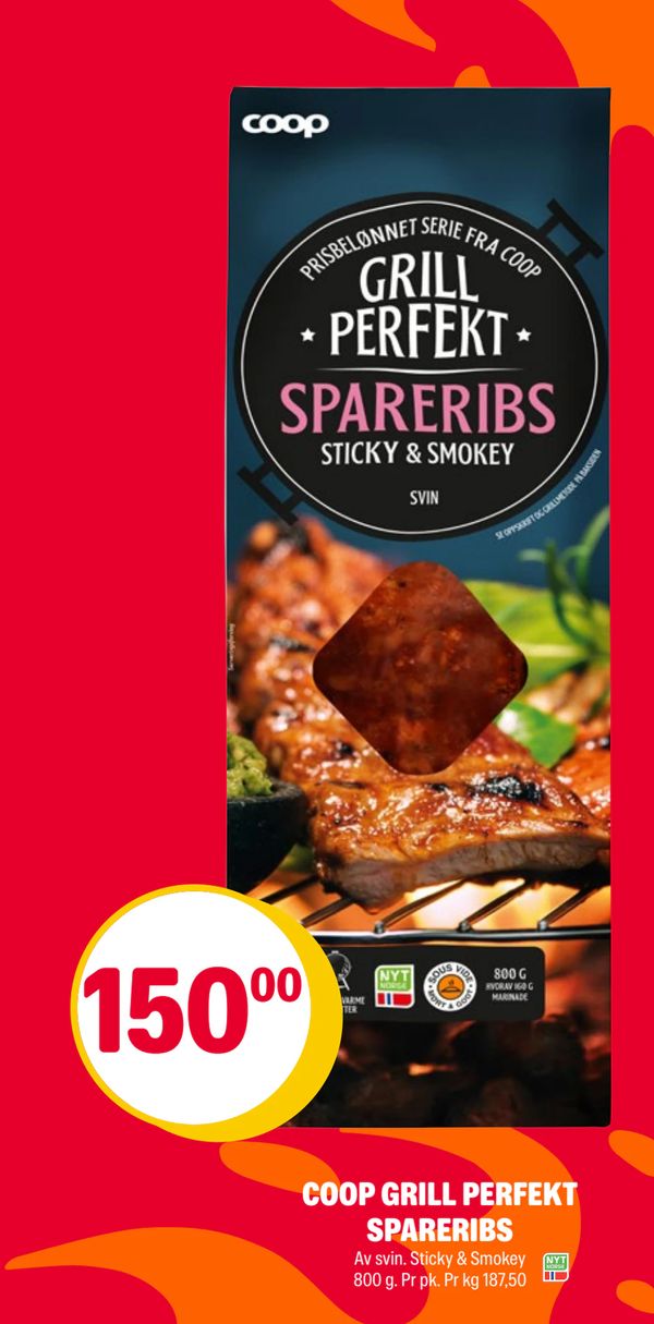 COOP GRILL PERFEKT SPARERIBS Av svin. Sticky & Smokey 800 g. Pr pk. Pr kg 187,50