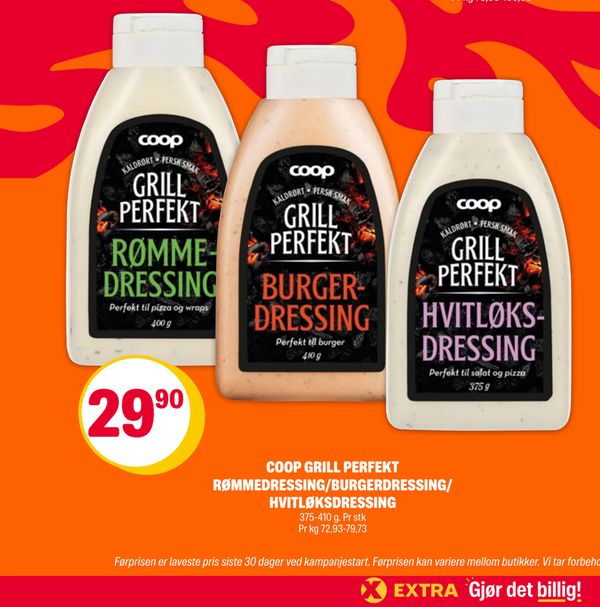 COOP GRILL PERFEKT RØMMEDRESSING/BURGERDRESSING/ HVITLØKSDRESSING 375-410 g. Pr stk Pr kg 72,93-79,73