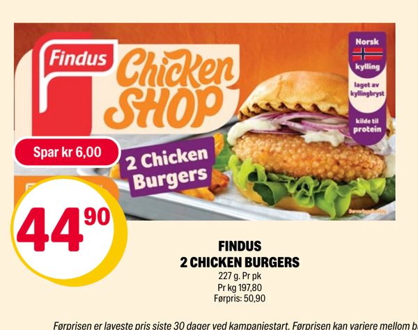 FINDUS 2 CHICKEN BURGERS Spar kr 6,00 44,90 227 g. Pr pk Pr kg 197,80 Førpris: 50,90