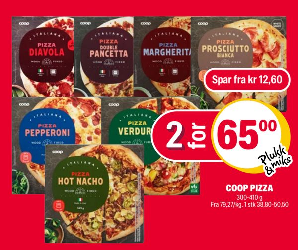 COOP PIZZA 300-410 g Fra 79,27/kg. 1 stk 38,80-50,50 Spar fra kr 12,60 Plukk & miks