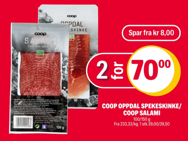 COOP OPPDAL SPEKESKINKE/ COOP SALAMI 100/150 g Fra 233,33/kg. 1 stk 39,00/39,50 Spar fra kr 8,00