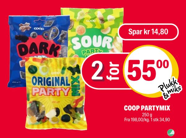 COOP PARTYMIX 250 g Fra 198,00/kg. 1 stk 34,90 Spar kr 14,80 Plukk & miks