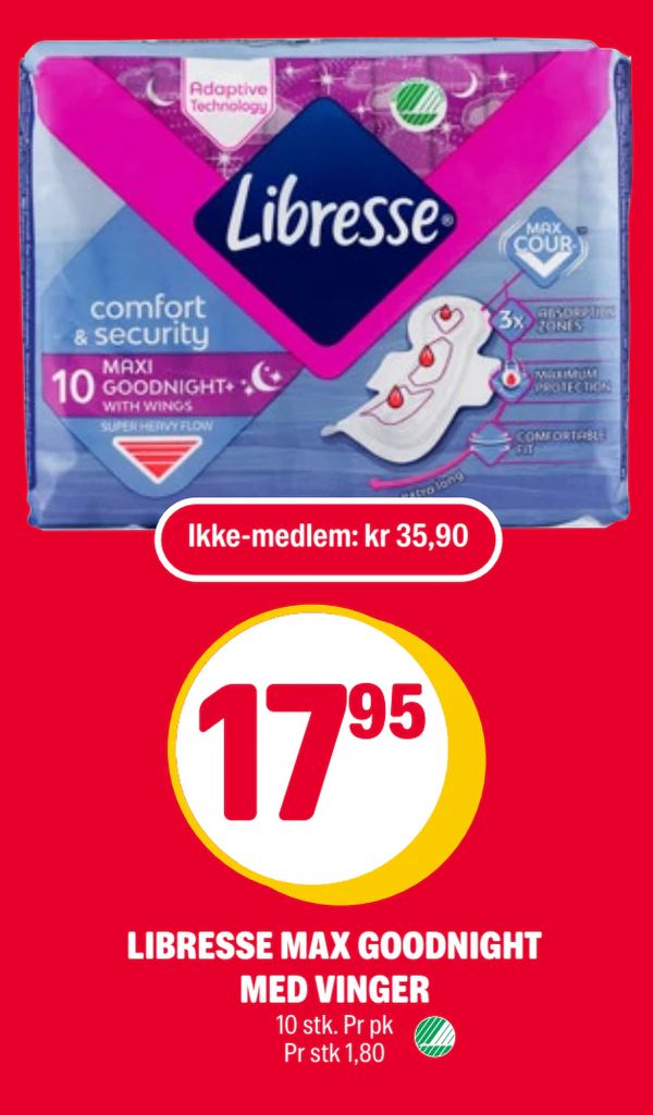 LIBRESSE MAX GOODNIGHT MED VINGER 10 stk. Pr pk Pr stk 1,80 Ikke-medlem: kr 35,90