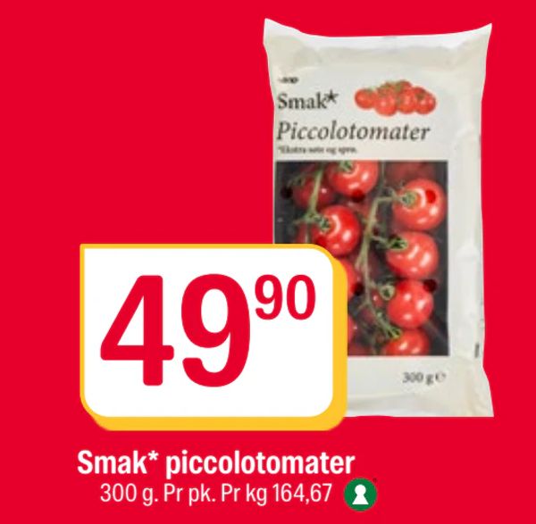 Smak* piccolotomater 300 g. Pr pk. Pr kg 164,67