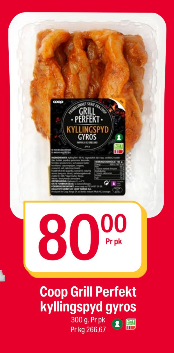 Coop Grill Perfekt kyllingspyd gyros Pr pk 300 g. Pr pk Pr kg 266,67