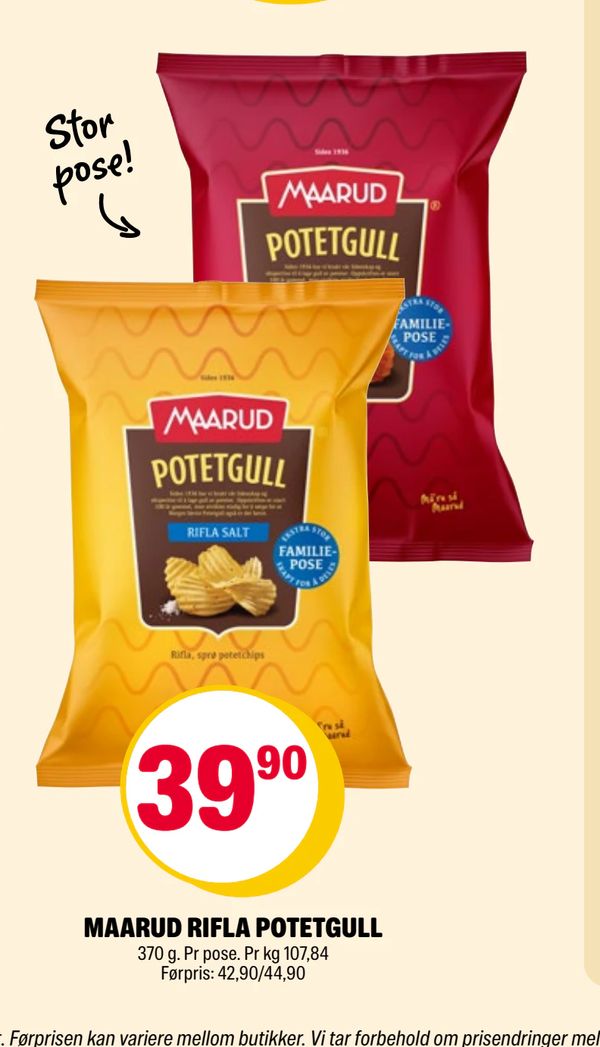 MAARUD RIFLA POTETGULL Stor pose! 370 g. Pr pose. Pr kg 107,84 Førpris: 42,90/44,90