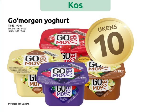 Go'morgen yoghurt TINE, 190 g Enh.pris 52,63 pr. kg Førpris 16,90–19,90 Utvalget kan variere