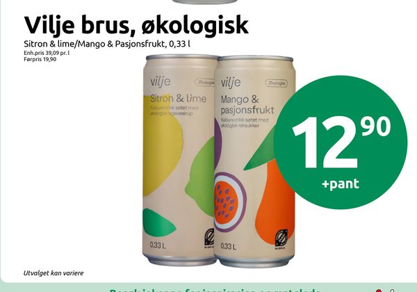 Vilje brus, økologisk Sitron & lime/Mango & Pasjonsfrukt, 0,33 l Enh.pris 39,09 pr. l Førpris 19,90 Utvalget kan variere +pant