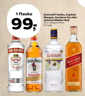 Smirnoff Vodka, Captain Morgan, Gordons Gin eller Johnnie Walker Red