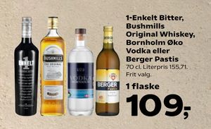 1-Enkelt Bitter, Bushmills Original Whiskey, Bornholm Øko Vodka eller Berger Pastis