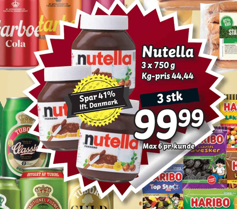 Tilbud på Nutella fra fakta Tyskland til 99,99 kr.