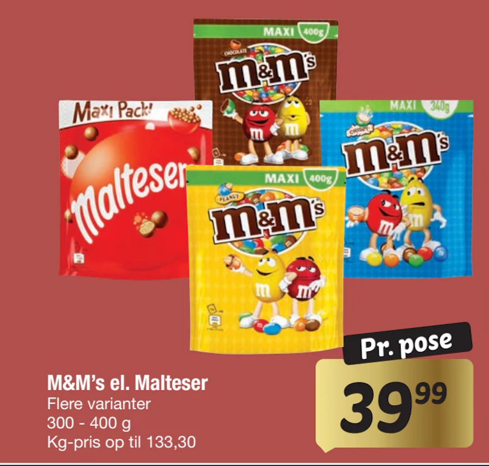 Tilbud på M&M’s el. Malteser fra fakta Tyskland til 39,99 kr.