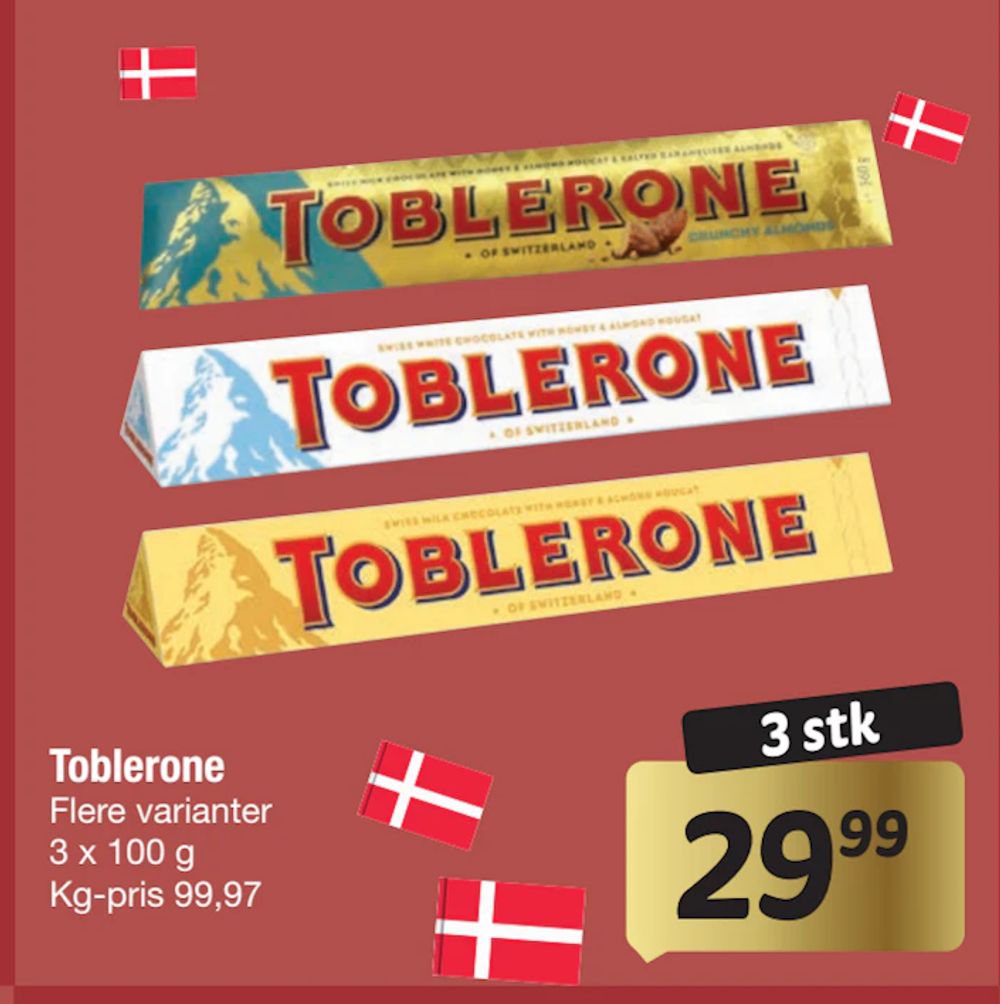 Tilbud på Toblerone fra fakta Tyskland til 29,99 kr.