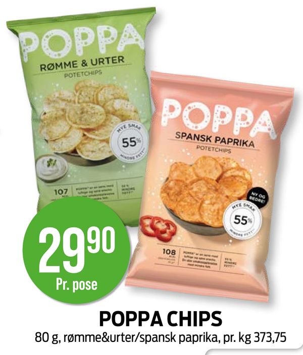 POPPA CHIPS 80 g, rømme&urter/spansk paprika, pr. kg 373,75 Pr. pose