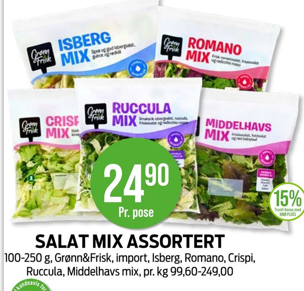 SALAT MIX ASSORTERT 100-250 g, Grønn&Frisk, import, Isberg, Romano, Crispi, Ruccula, Middelhavs mix, pr. kg 99,60-249,00 Pr. pose 15% Trumf-bonus med KIWI PLUSS