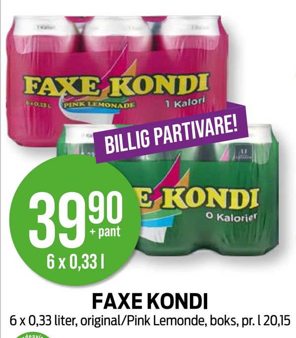 FAXE KONDI 6 x 0,33 liter, original/Pink Lemonde, boks, pr. l 20,15
BILLIG PARTIVARE!
BILLIG PARTIVARE!
39,90
6 x 0,33 l
+ pant