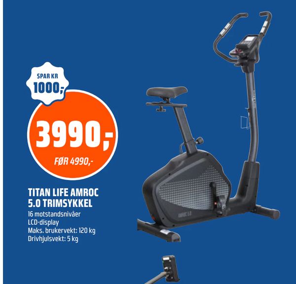 TITAN LIFE AMROC 5.0 TRIMSYKKEL 16 motstandsnivåer
LCD-display
Maks. brukervekt: 120 kg
Drivhjulsvekt: 5 kg
Kun på obs.no
Kan ikke kjøpes i fysisk butikk