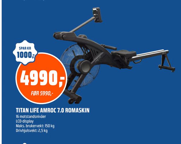 TITAN LIFE AMROC 7.0 ROMASKIN 16 motstandsnivåer
LCD-display
Maks. brukervekt: 150 kg
Drivhjulsvekt: 2,5 kg
Kun på obs.no
Kan ikke kjøpes i fysisk butikk