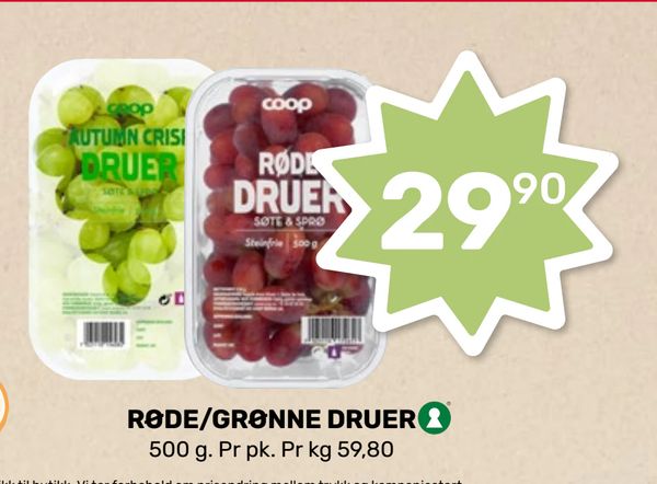 RØDE/GRØNNE DRUER 500 g. Pr pk. Pr kg 59,80 Ukens beste tilbud
