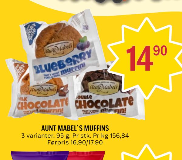 AUNT MABEL`S MUFFINS 3 varianter. 95 g. Pr stk. Pr kg 156,84 Førpris 16,90/17,90