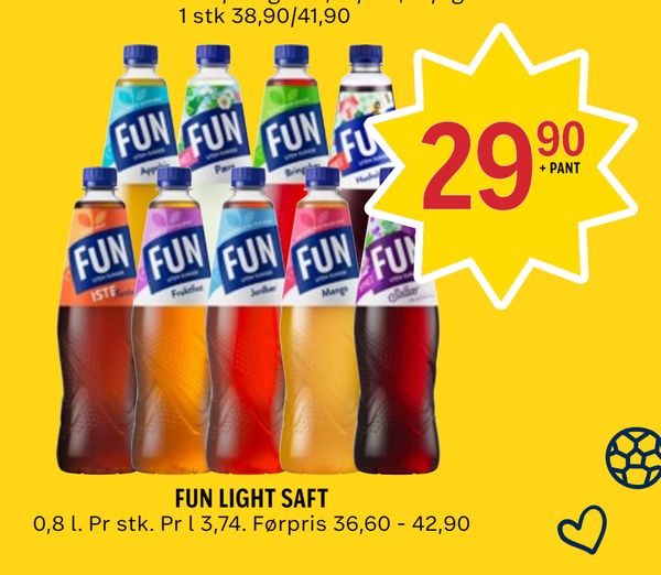 FUN LIGHT SAFT 0,8 l. Pr stk. Pr l 3,74. Førpris 36,60 - 42,90 + PANT