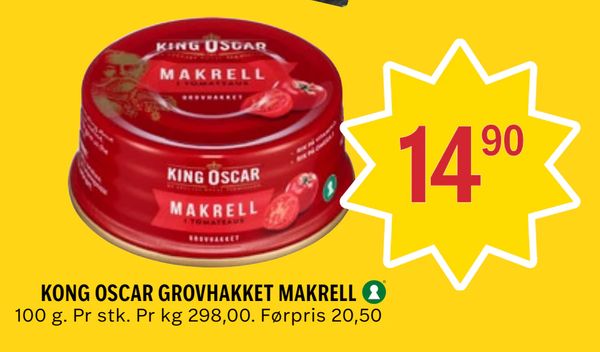 KONG OSCAR GROVHAKKET MAKRELL 100 g. Pr stk. Pr kg 298,00. Førpris 20,50