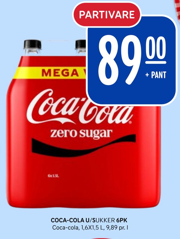 COCA-COLA U/SUKKER 6PK PARTIVARE
Coca-cola, 6X1,5 L, 9,89 pr. l
+ PANT