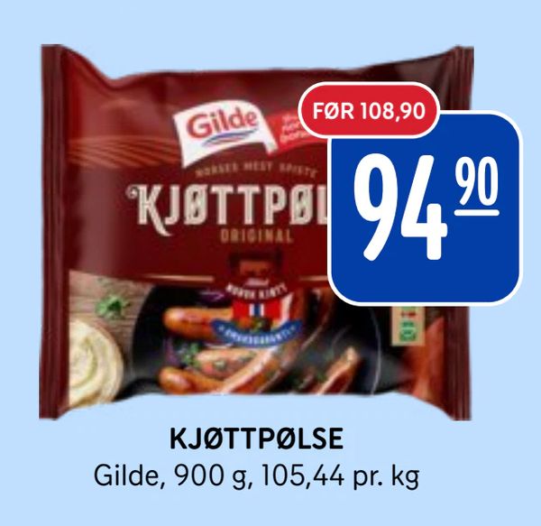 KJØTTPØLSE Gilde, 900 g, 105,44 pr. kg