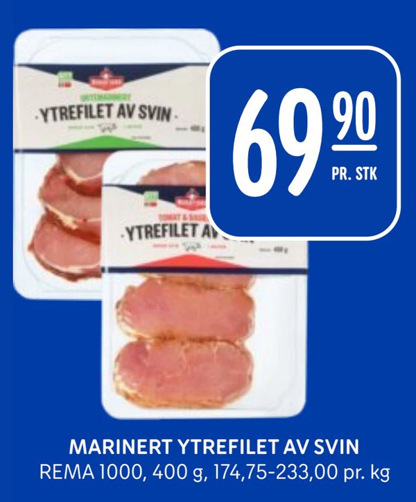 MARINERT YTREFILET AV SVIN REMA 1000, 400 g, 174,75-233,00 pr. kg
PR. STK
