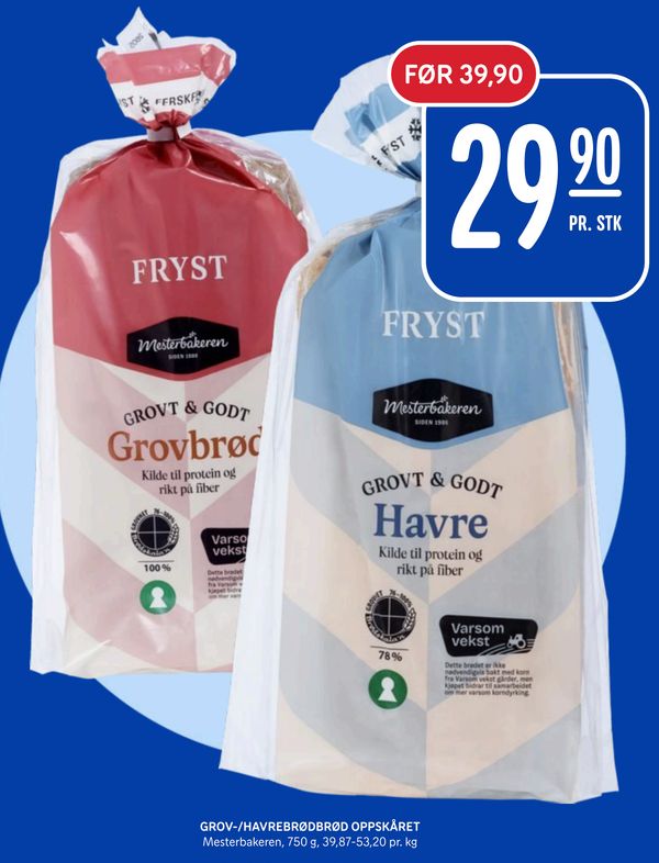 GROV-/HAVREBRØDBRØD OPPSKÅRET Mesterbakeren, 750 g, 39,87-53,20 pr. kg