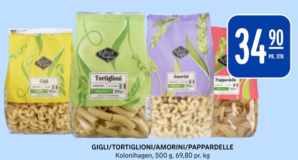 GIGLI/TORTIGLIONI/AMORINI/PAPPARDELLE PR. STK
Kolonihagen, 500 g, 69,80 pr. kg