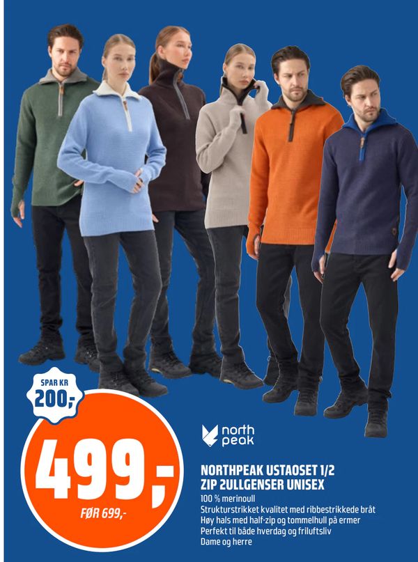 NORTHPEAK USTAOSET 1/2 ZIP 2ULLGENSER UNISEX 100 % merinoull Strukturstrikket kvalitet med ribbestrikkede bråt Høy hals med half-zip og tommelhull på ermer Perfekt til både hverdag og friluftsliv Dame og herre
