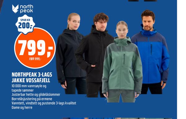 NORTHPEAK 3-LAGS JAKKE VOSSAFJELL 10 000 mm vannsøyle og tapede sømmer Justerbar hette og glidelåslommer Borrelåsjustering på ermene Vanntett, vindtett og pustende 3-lags kvalitet Dame og herre
