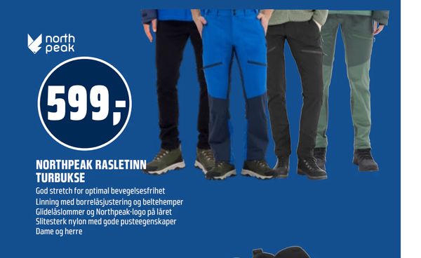 NORTHPEAK RASLETINN TURBUKSE God stretch for optimal bevegelsesfrihet Linning med borrelåsjustering og beltehemper Glidelåslommer og Northpeak-logo på låret Slitesterk nylon med gode pusteegenskaper Dame og herre