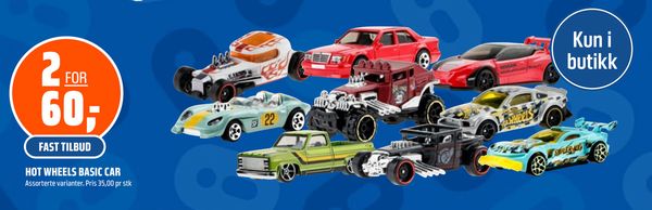 HOT WHEELS BASIC CAR 2 FOR 60,- FAST TILBUD Assorterte varianter. Pris 35,00 pr stk Kun i butikk